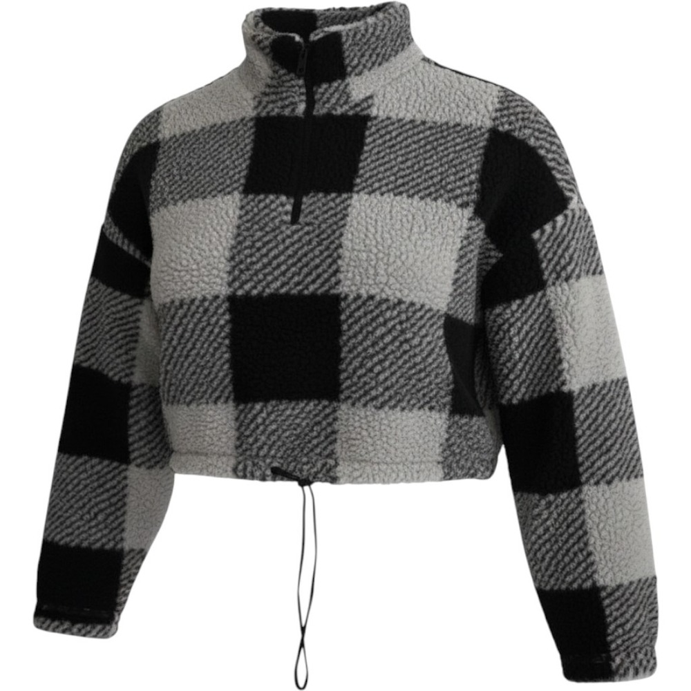 Altar'd State Buffalo Plaid Sherpa Fleece Cropped Zip Pullover S Gorpcore Gray